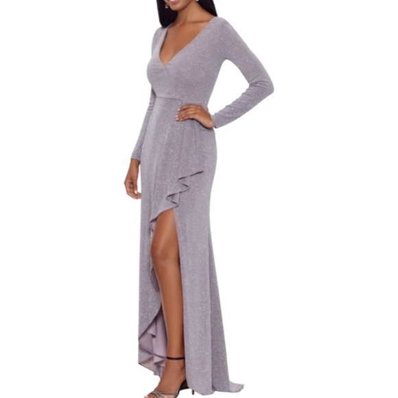 New Betsy & Adam Silver Gown Long Front Slit Sleeve Knit Party V Neck NWT Sz 10 - Picture 3 of 9